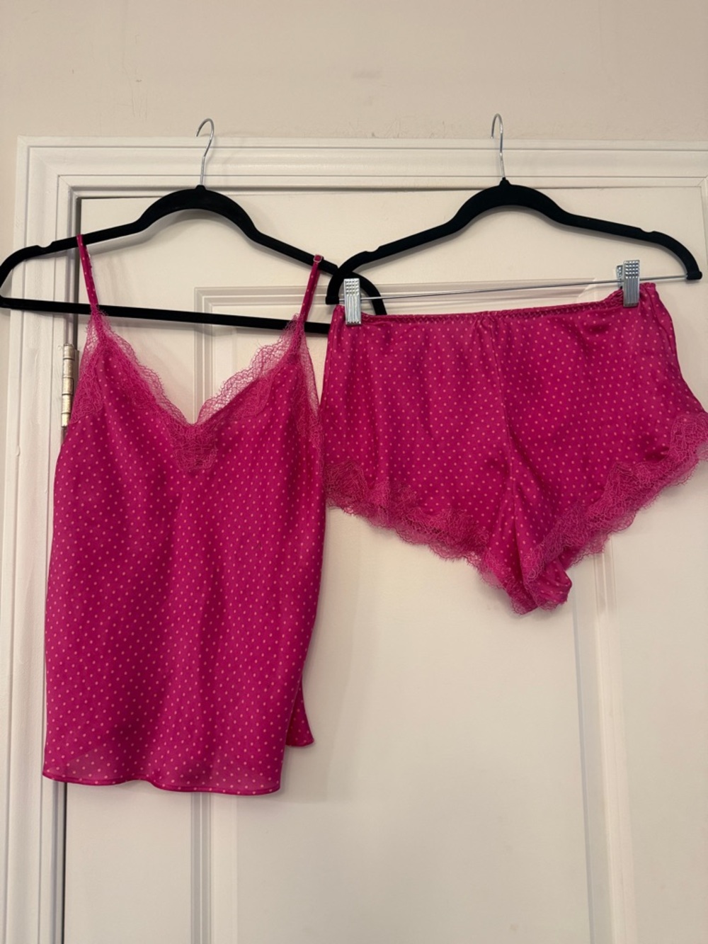 Victoria's Secret Hot Pink Polka Dot Lace Trim Camisole & Shorts Set NWOT-